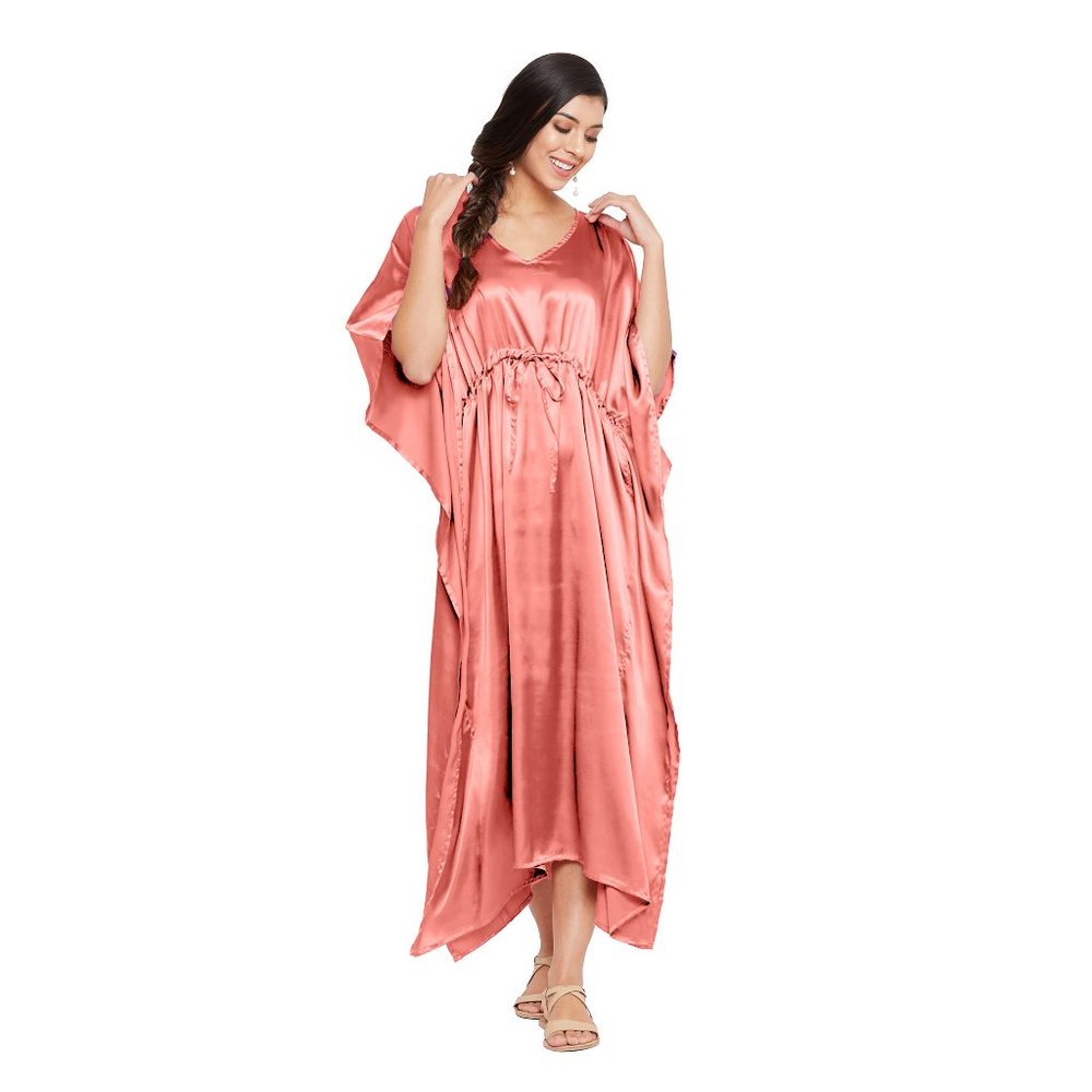 Riara Fashion Full Length Dress with Drawstring for Womens Satin Kaftan NIghty - Picture 2 of 6